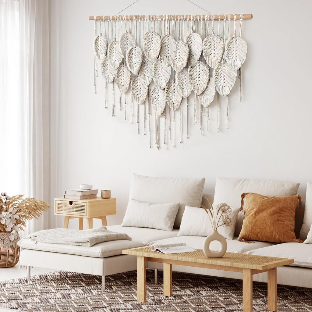 Macrame Wall Hanging Boho Beige Leaves Tapestry Handmade Woven Art k7m