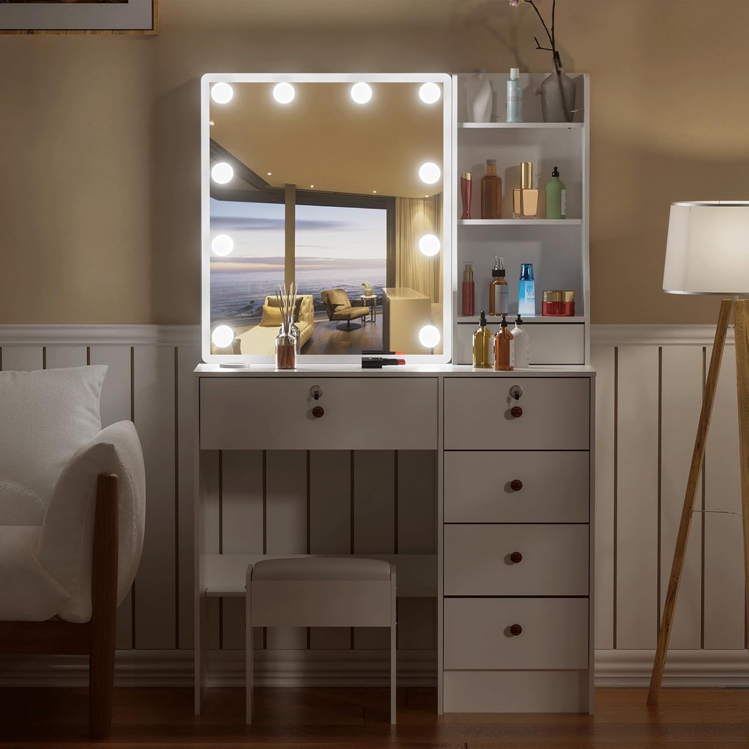 Makeup Vanity with Sliding Mirror and Lights for Home k7p