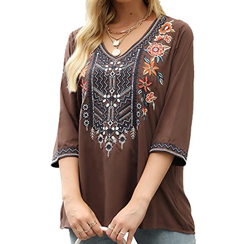 Embroidered 3/4 Sleeve V Neck Peasant Tunic Blouse k7