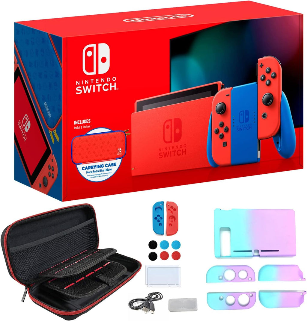 Nintendo Switch Mario Red & Blue Edition with Red Joy-Con, Blue Dock - 6.2" Touchscreen LCD Display, 32GB Internal Storage, 802.11AC WiFi, Bluetooth 4.1, Type-C - 7-in-1 Carrying Case
