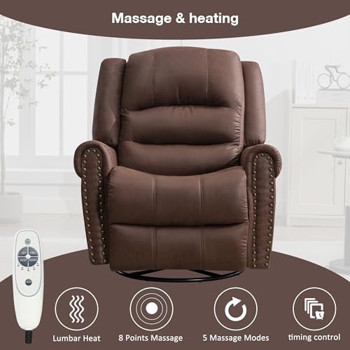 Leather Recliner Chair with Massage and Heating, Swivel Rocking Manual Recliner Brown k7