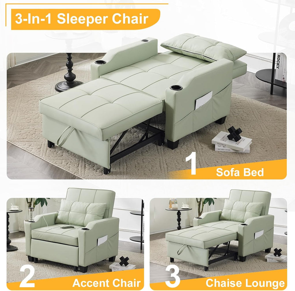 Sleeper Chair 3-in-1 Pull Out Sofa Bed with USB Ports, Mint Green a7