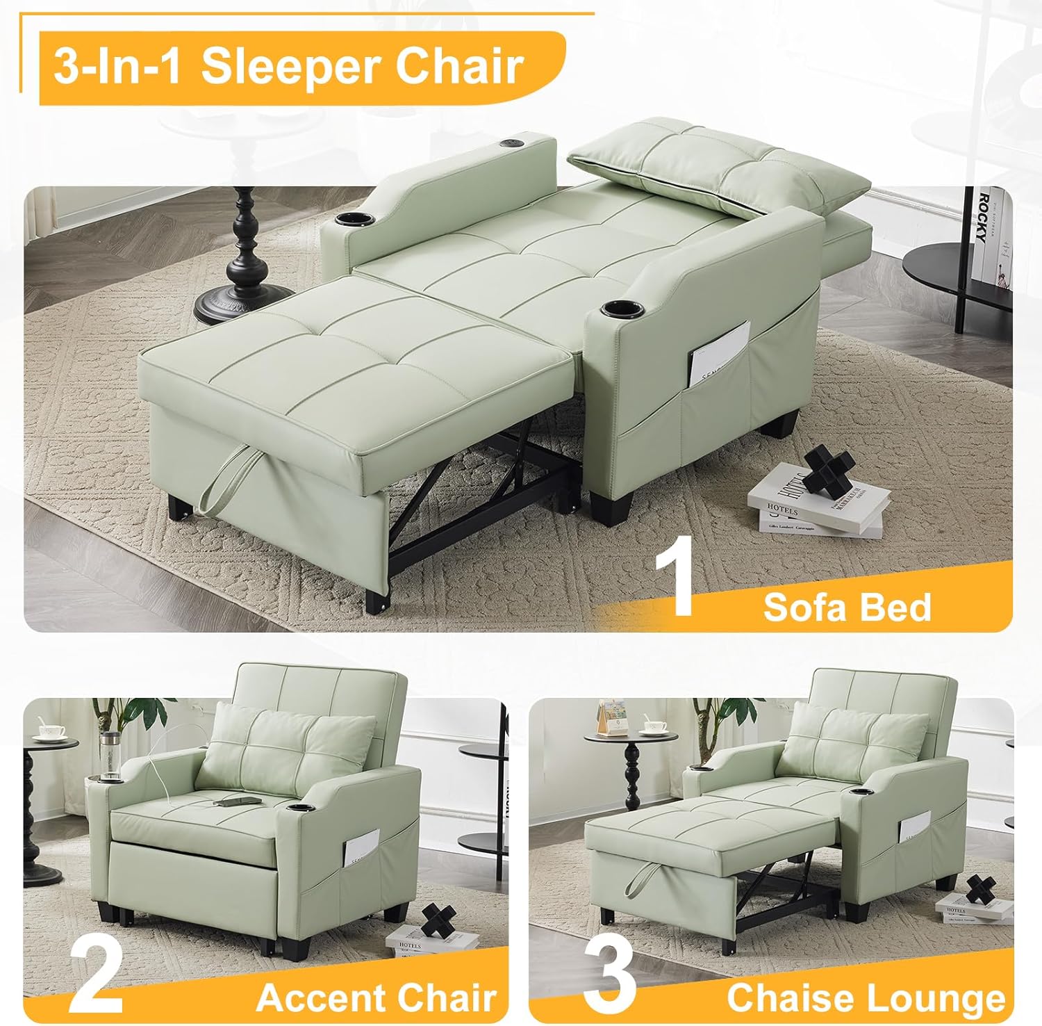 Sleeper Chair 3-in-1 Pull Out Sofa Bed with USB Ports, Mint Green a7