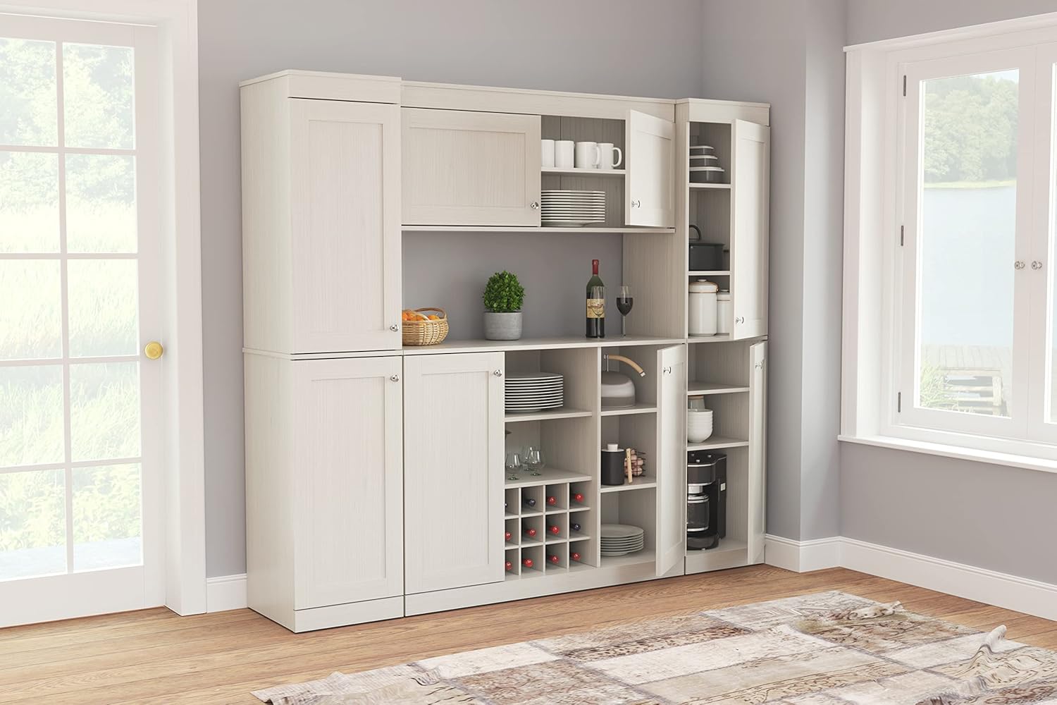 Shaker Style 4-Piece Buffet Storage System with 2 Tall Slim Cabinets, Washed Oak k7