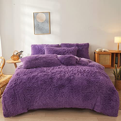 Fluffy Faux Fur dark grey Comforter Cover Set Queen - Ultra Soft Plush dark grey Bedding Sets 3 Pieces (1 fluffy duvet cover + 2 Faux Fur Pillow case) Cute dark grey Bed Set (Dark Grey, Queen)