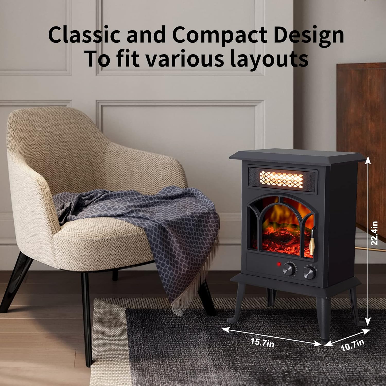 Electric Fireplace Heater 1500W Portable Infrared Stove with Flame Effects k7