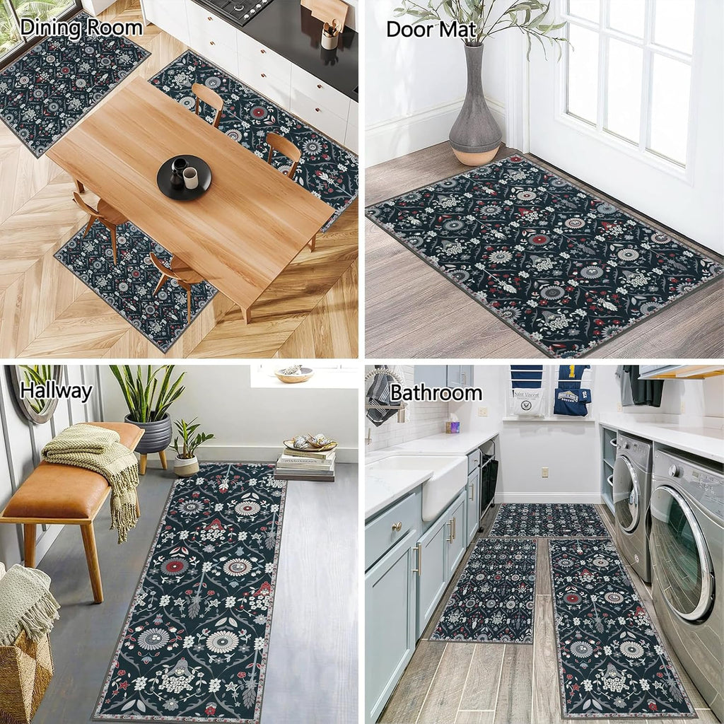 Moroccan Trellis Kitchen Rug Set of 3 Non Slip Floral Floor Mats k7q