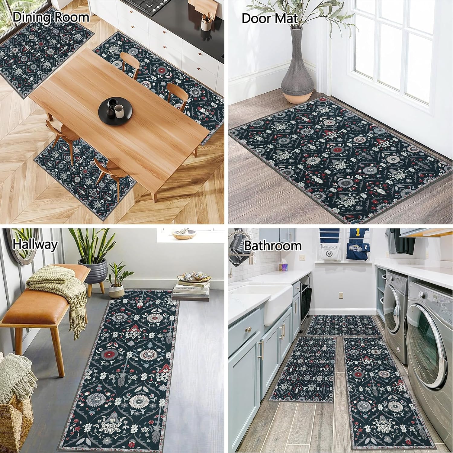 Moroccan Trellis Kitchen Rug Set of 3 Non Slip Floral Floor Mats k7q