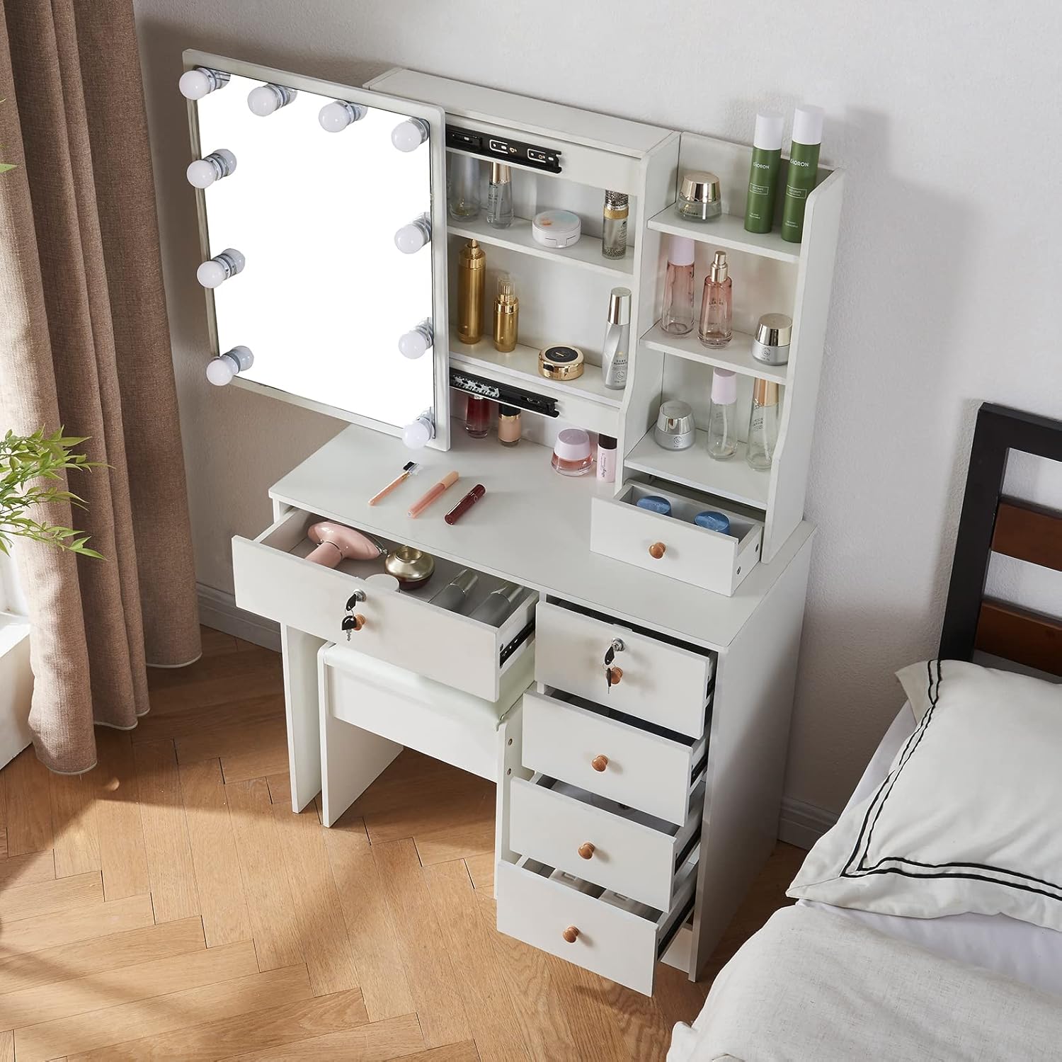 Makeup Vanity with Sliding Mirror and Lights for Home k7p