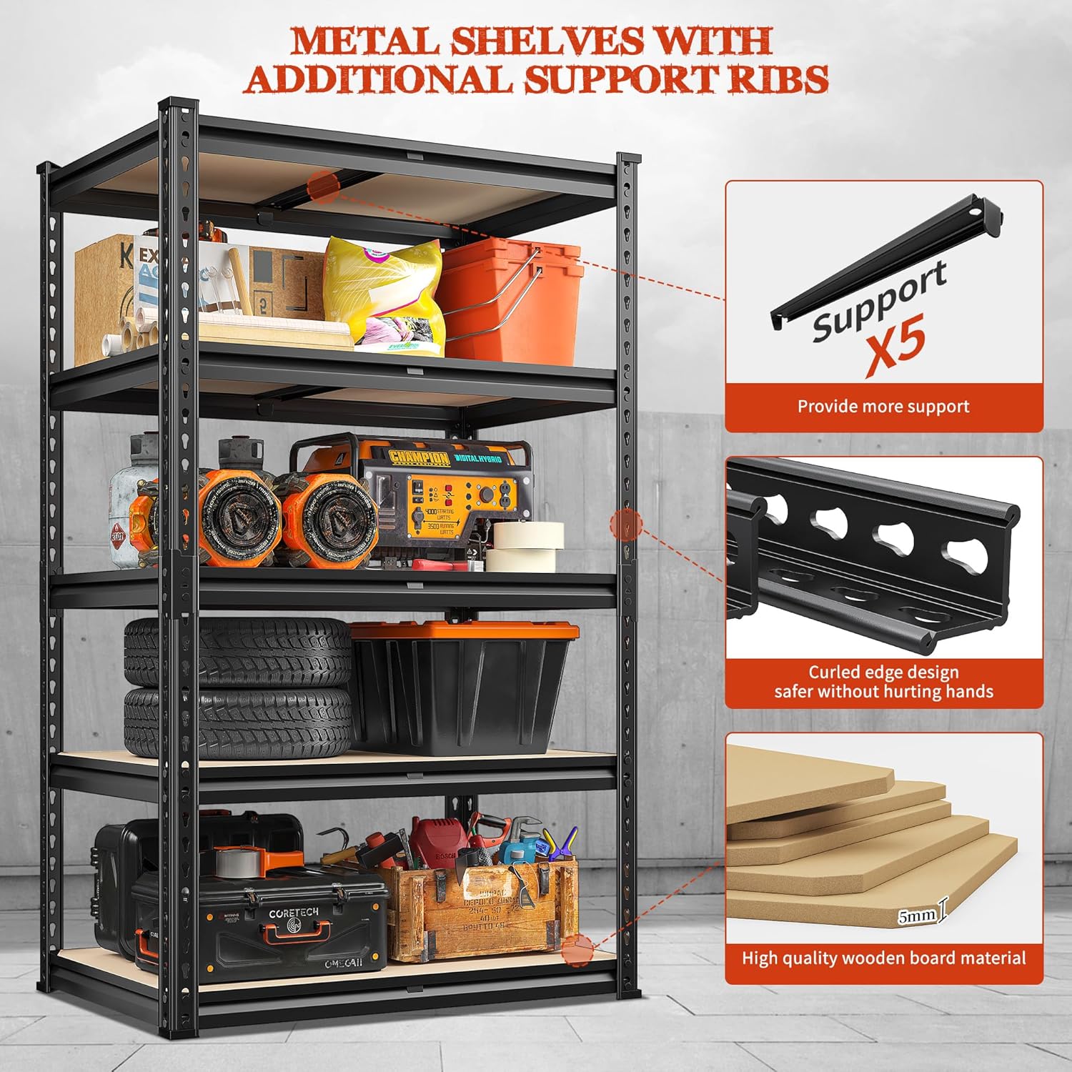 Garage Shelving 5 Tier Heavy Duty Adjustable Metal Storage Rack 60H x28W x14D k7