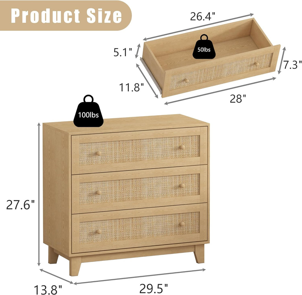 3 Drawer Dresser for Bedroom, Natural Rattan Wood Storage Organizer k7p