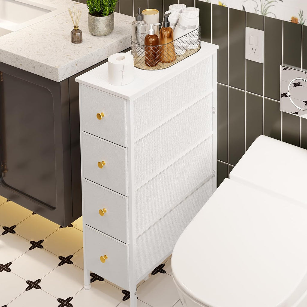 Narrow Storage Cabinet with 4 Drawers, Slim Fabric Tower for Small Spaces, White with Steel Frame and Wood Top k7m