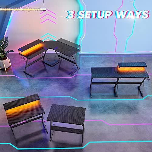 L Shaped Gaming Desk with LED 55 Inch, Carbon Fiber Black a7