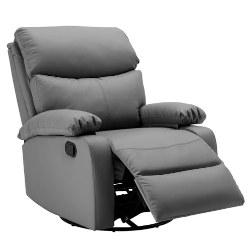 Swivel Rocker Recliner Chair for Adults, Genuine Leather, Dark Grey a7