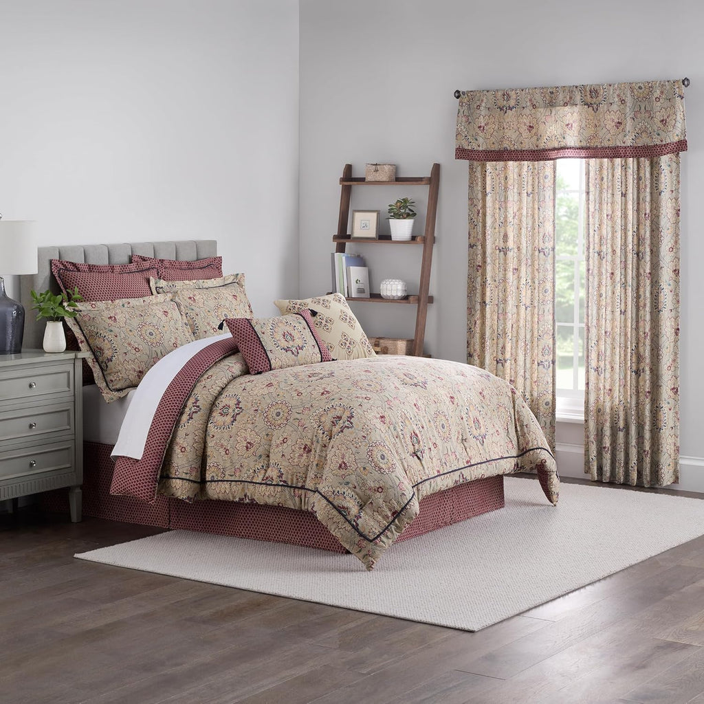 Waverly Oxford Damask 4 Piece Cotton Comforter Set, Embellished All Season Bedding, includes One Comforter, One Bed Skirt and Two Pillow Shams, Machine Washable Queen Bed Set, Beige & Maroon