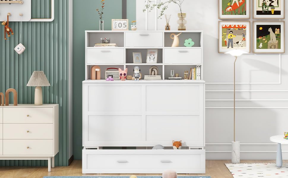 Queen Size Murphy Bed with Bookcase and Drawer White q7
