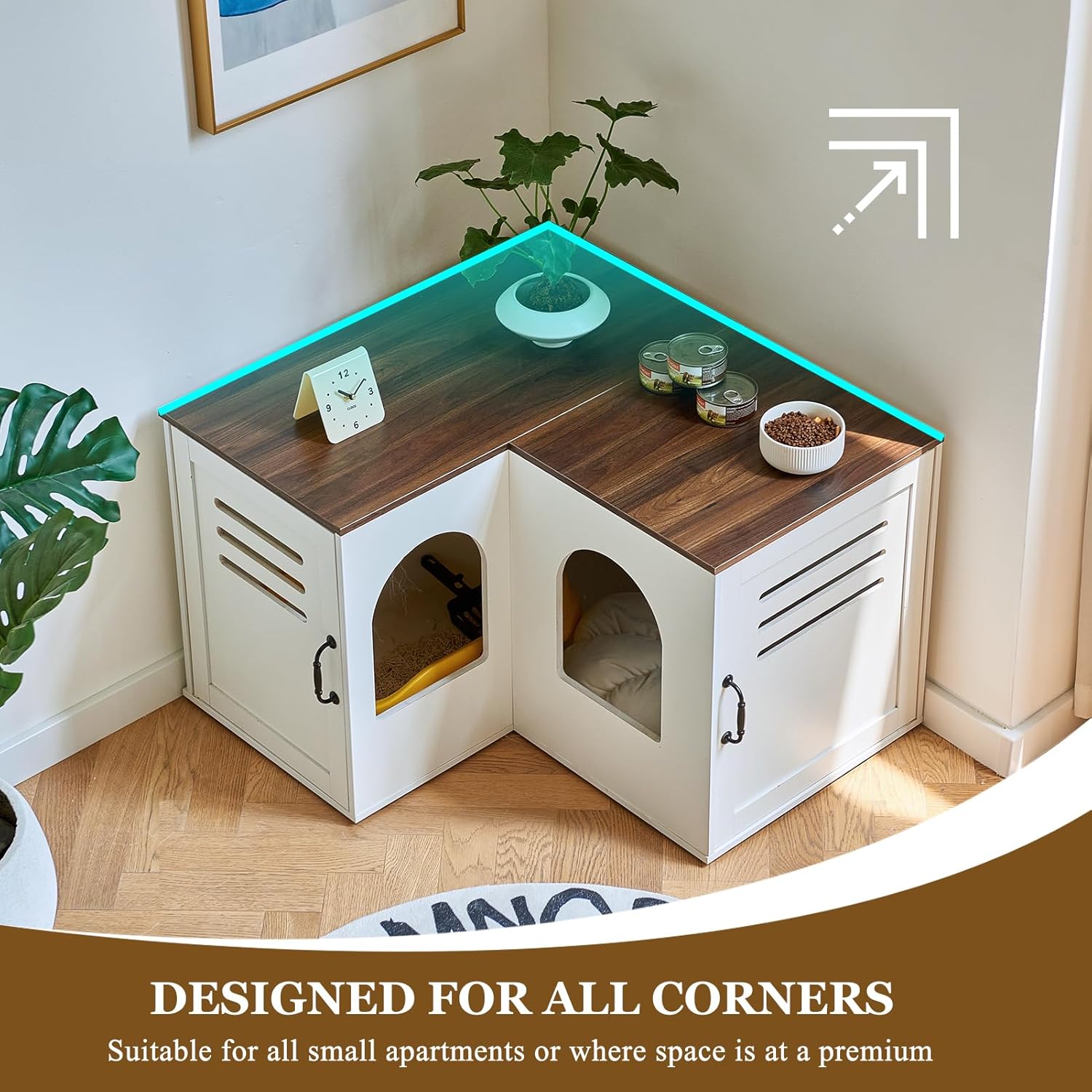 Corner Litter Box Enclosure for Two Cats, Hidden Cabinet Furniture a7