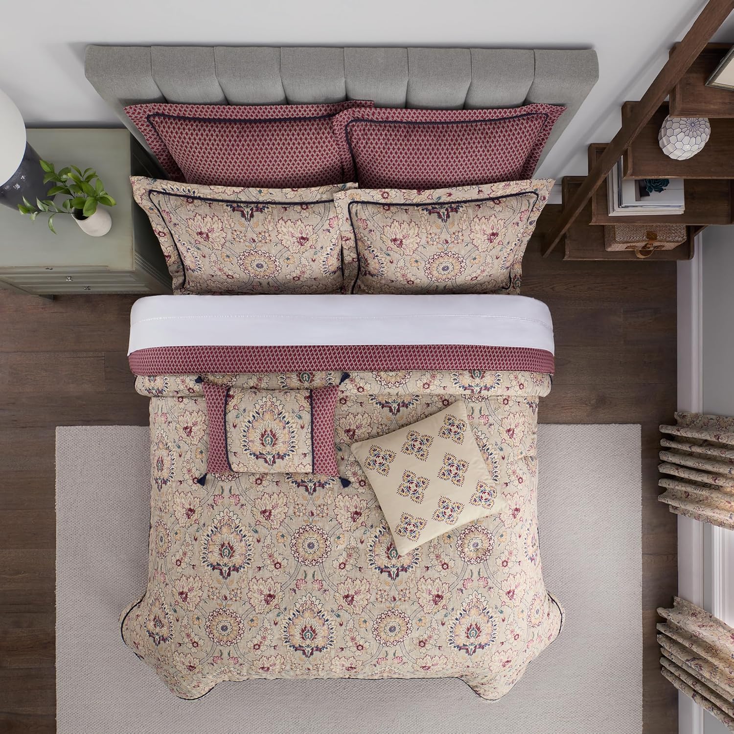 Cotton Comforter Set Queen, Beige & Maroon, 4 Piece Bedding a7