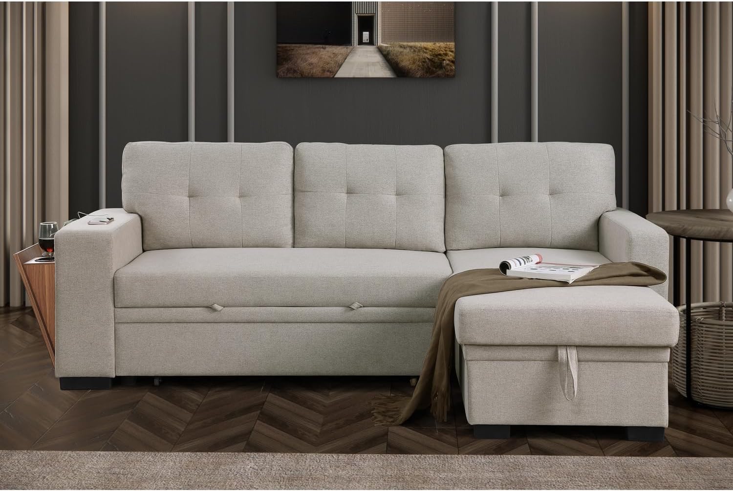 Modern L-Shaped Sleeper Sectional Sofa Bed Light Gray k7