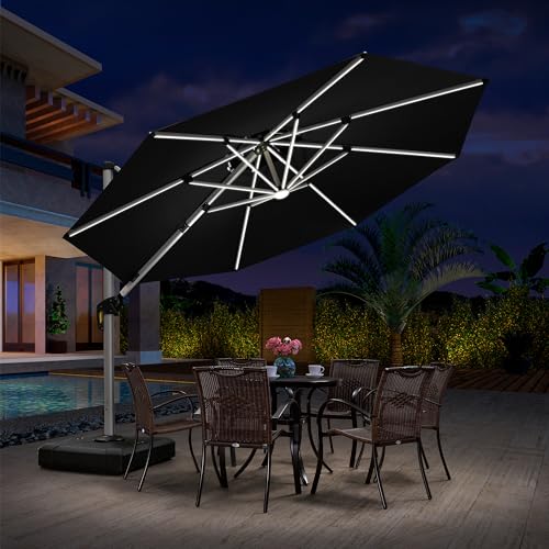 Navy Blue Solar LED Cantilever Patio Umbrella With Base a7