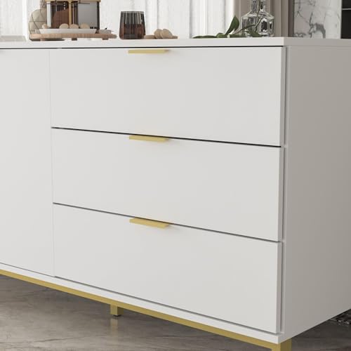 Sideboard Storage Cabinet with Drawers and Doors, Gold Metal Frame Legs White a7