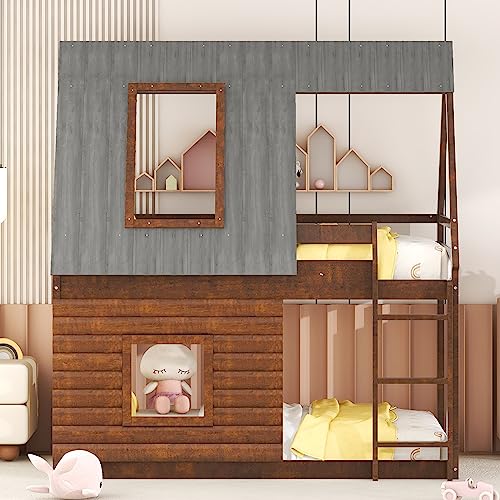 Twin Over Twin Bunk Bed House with Roof and Windows Wood Frame Oak Smoky Grey k7