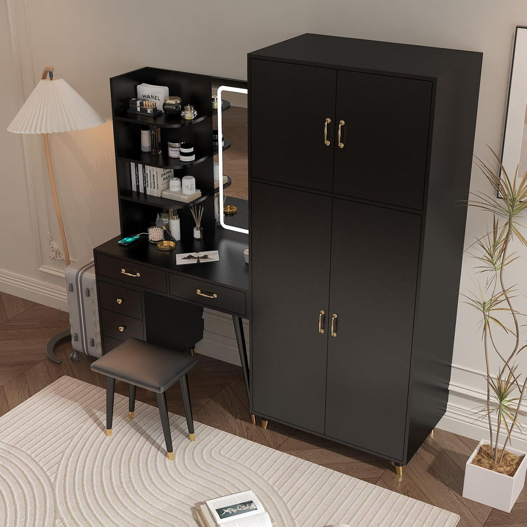 Black Vanity Desk with Mirror and Stool Set 4d