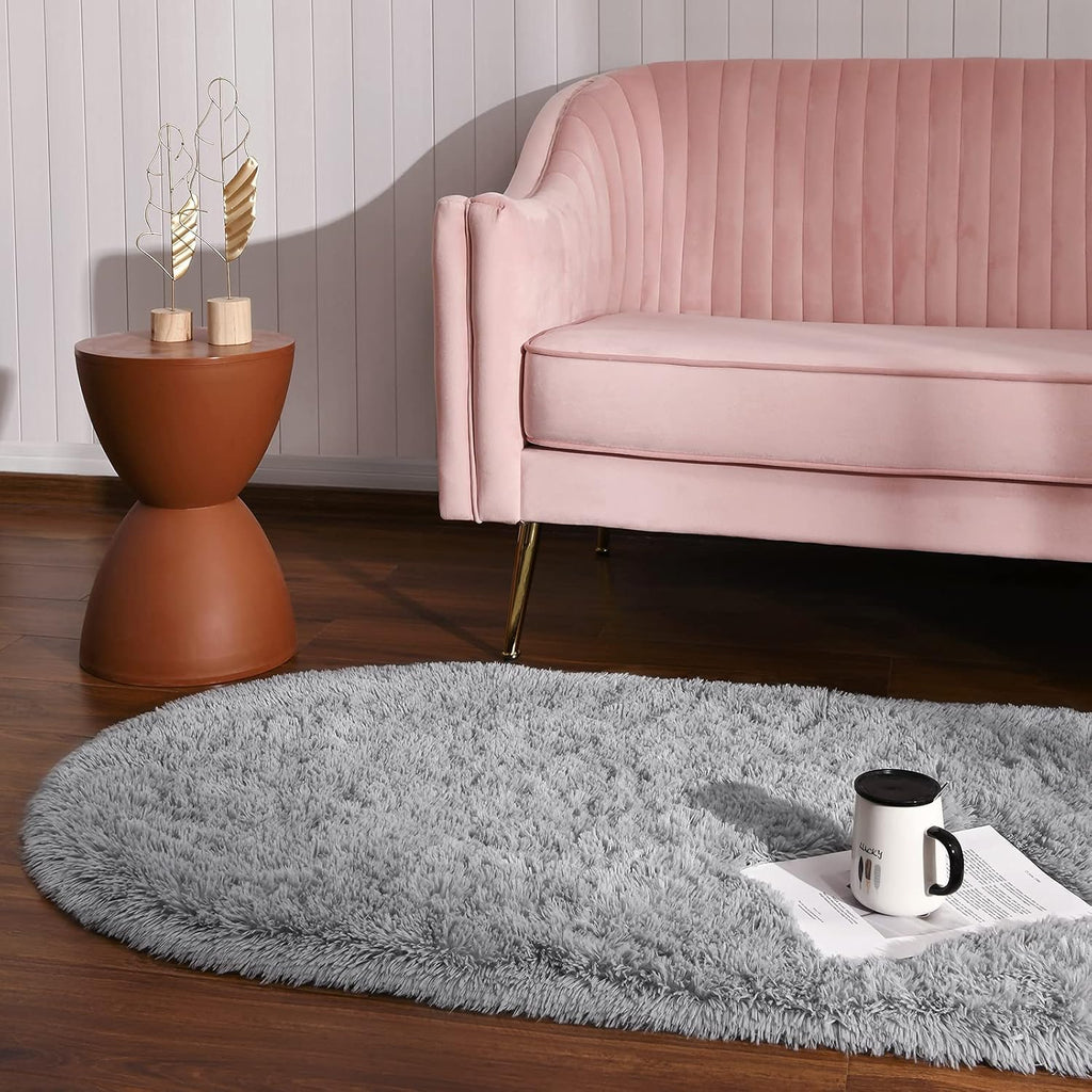 Fluffy Shag Area Rug for Bedroom Set of 2, Grey & Rainbow Oval Carpet k7m