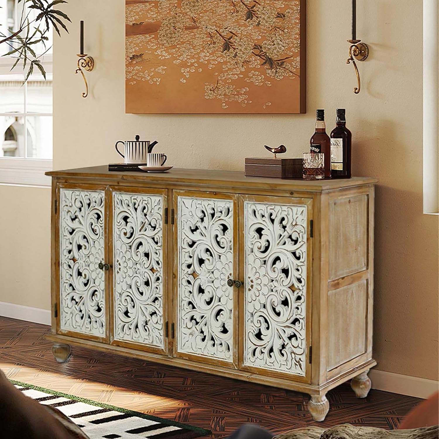 Accent Cabinet with 4 Doors Farmhouse Sideboard Buffet q7k