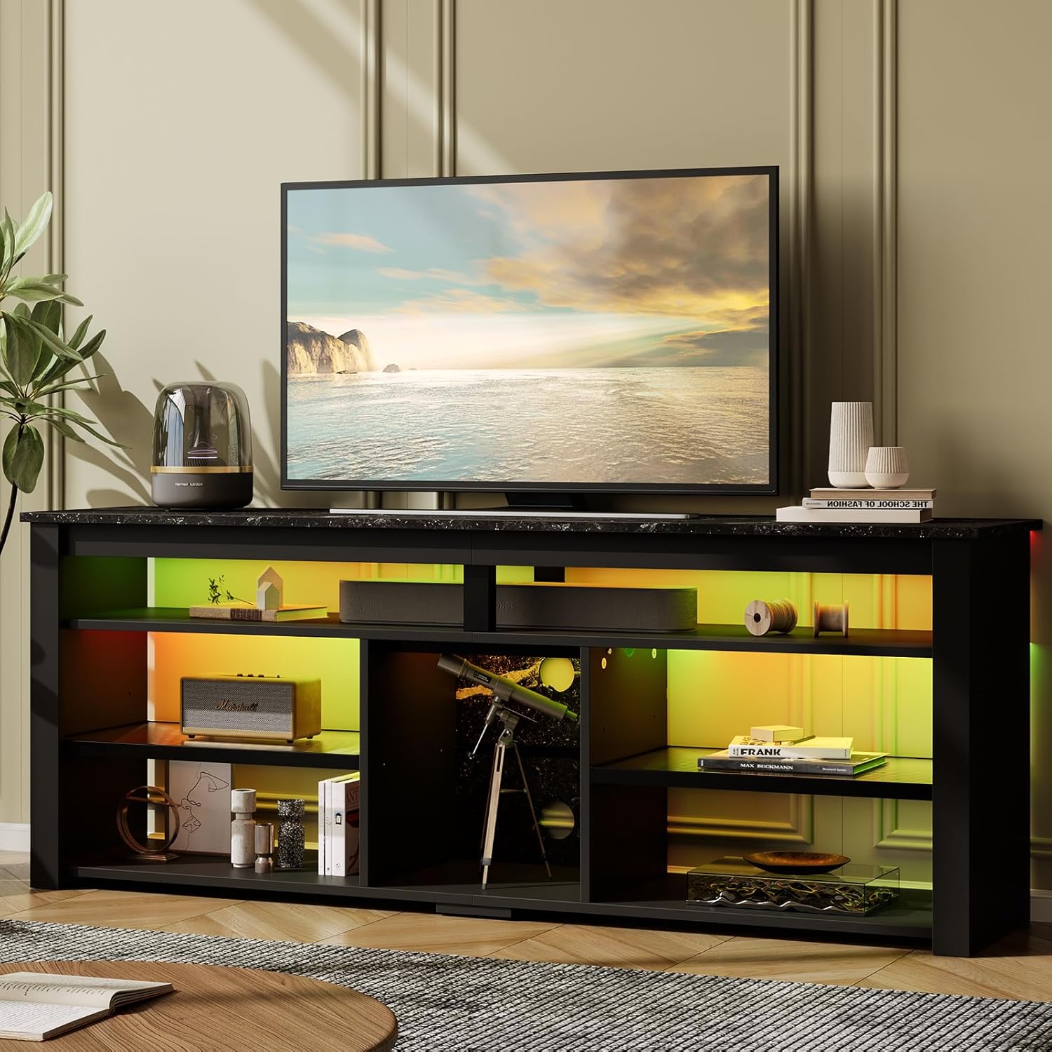 TV Stand for 65/70 inch TV, Entertainment Center with LED Lights, Storage Cabinet, Black Marble k7