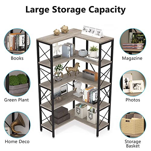 Modern 5-Tier Corner Bookshelf with Metal Frame Grey k7p