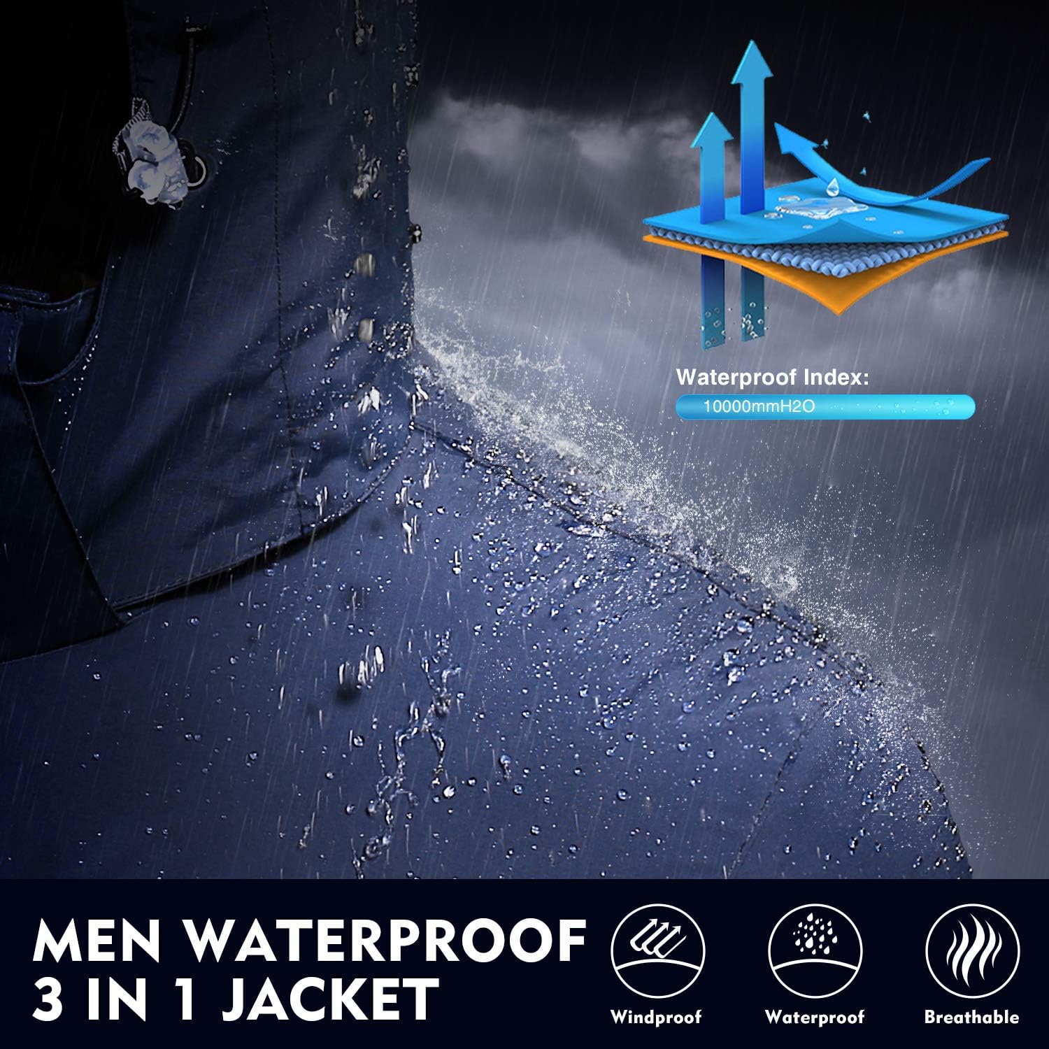 Men's 3 in 1 Waterproof Ski Jacket Hooded Winter Coat k7