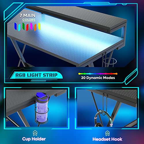 L Shaped Gaming Desk with LED 55 Inch, Carbon Fiber Black a7