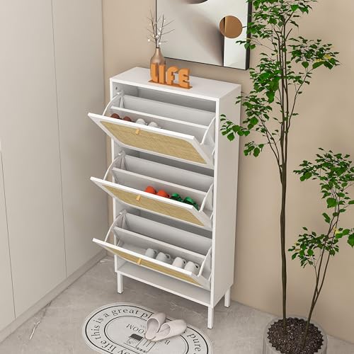 Natural Rattan Narrow Shoe Cabinet with 3 Flip Drawers a7k