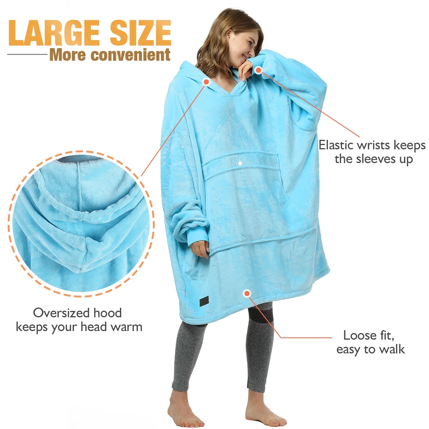Hooded Blanket Sweatshirt Soft Fleece Pullover Blue k7