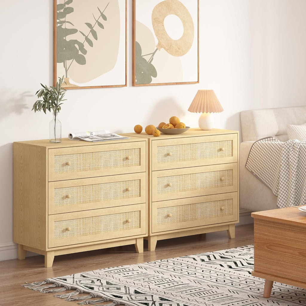 3 Drawer Dresser for Bedroom, Natural Rattan Wood Storage Organizer k7p