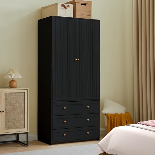 Wardrobe Closet Armoire, 71 "Wardrobe Armoire Wooden Closet with 3 Drawers, 2 Doors Household Freestanding Wooden Closet Storage Cabinet for Bedroom (Black)