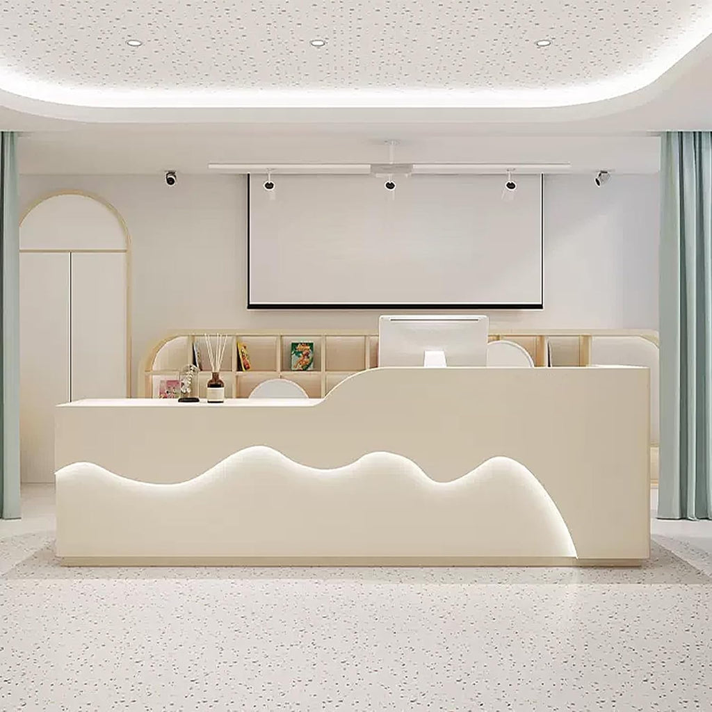 Modern Reception Desk - Custom Logo & LED Light | Front Table Equipped Lockers & Storage Shelves, Front Desk Reception Room Table for Checkout, Lobby, Salon, Retail, Store Shop Clinic Office (64'')