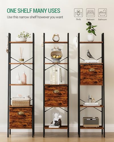 Narrow Bookshelf Bookcase with Drawer and Hooks, 4 Tier Rustic Brown k7