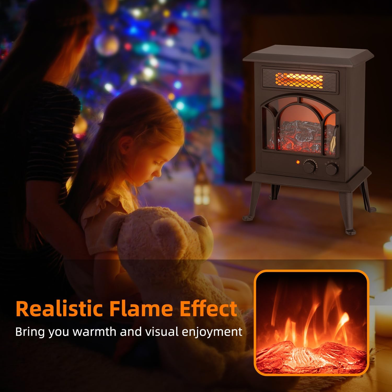 Electric Fireplace Heater 1500W Portable Infrared Stove with Flame Effects k7