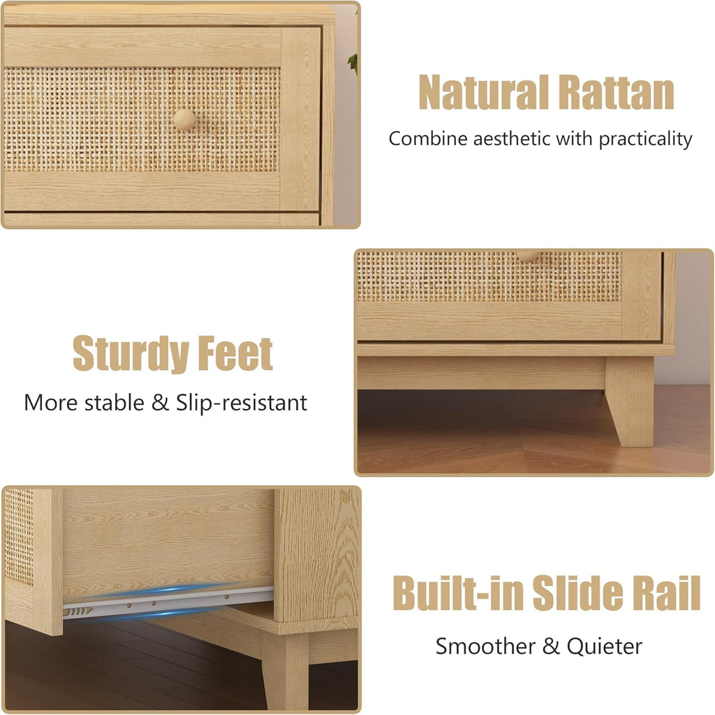 3 Drawer Dresser for Bedroom, Natural Rattan Wood Storage Organizer k7p