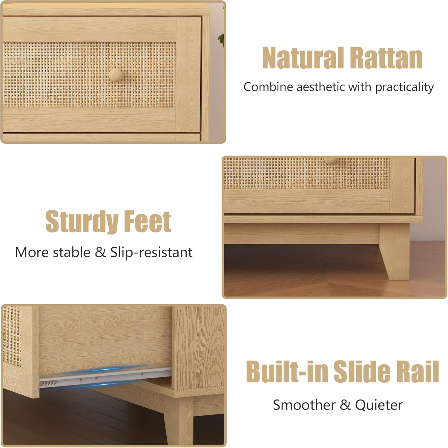 3 Drawer Dresser for Bedroom, Natural Rattan Wood Storage Organizer k7p