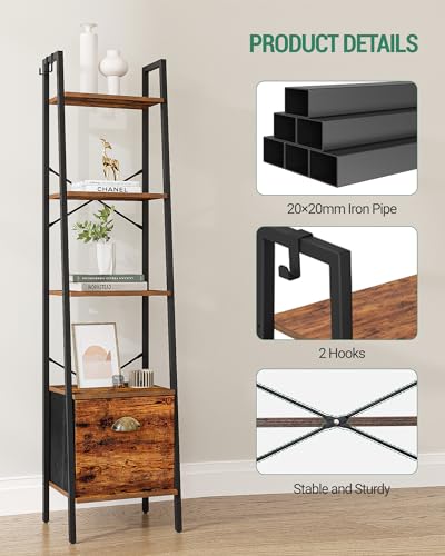 Narrow Bookshelf Bookcase with Drawer and Hooks, 4 Tier Rustic Brown k7