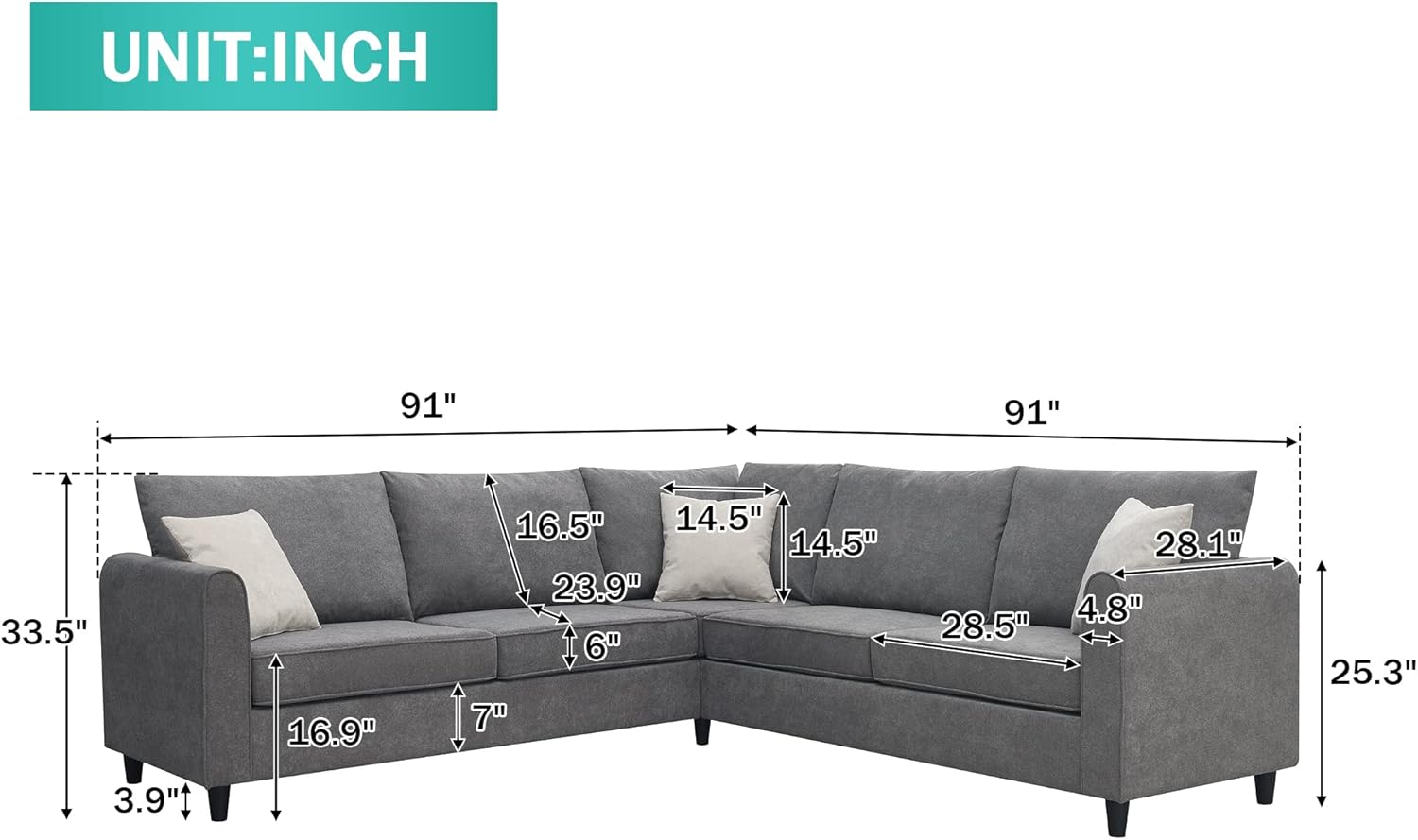 Upholstered L-Shape Sectional Sofa with 3 Pillows Grey a7