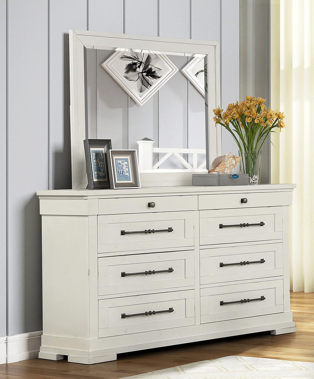 Queen Bed with Dresser Mirror Nightstand Antique White k7p