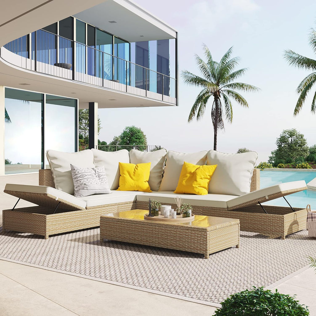 3-Piece Patio Furniture, Weather PE Rattan Wicker Sectional Sofa Set with Adjustable Chaise Lounge Frame and Tempered Glass Table, Washable Pillow&Cushion, Natural