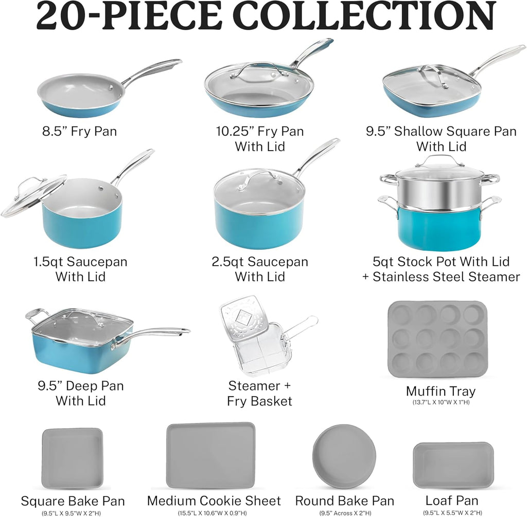 Nonstick Pots and Pans Set 20 Piece Ceramic Cookware Aqua Blue k7