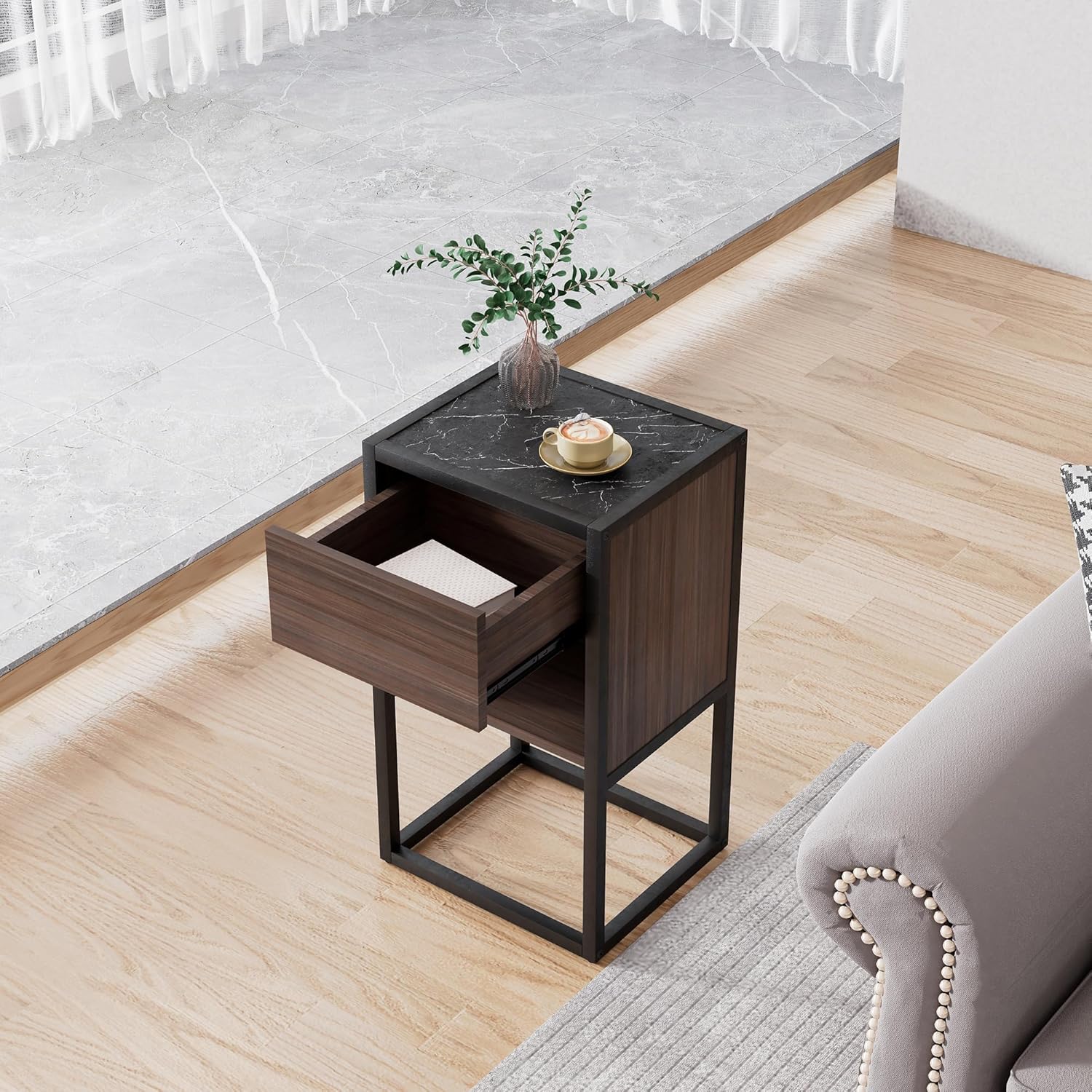 Farmhouse Side Table with Storage Drawer, Solid Wood Base k7m