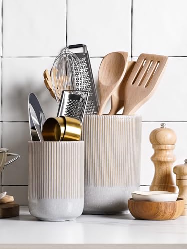 Ceramic Utensil Holder for Countertop, Set of 2, Marble Gray q7