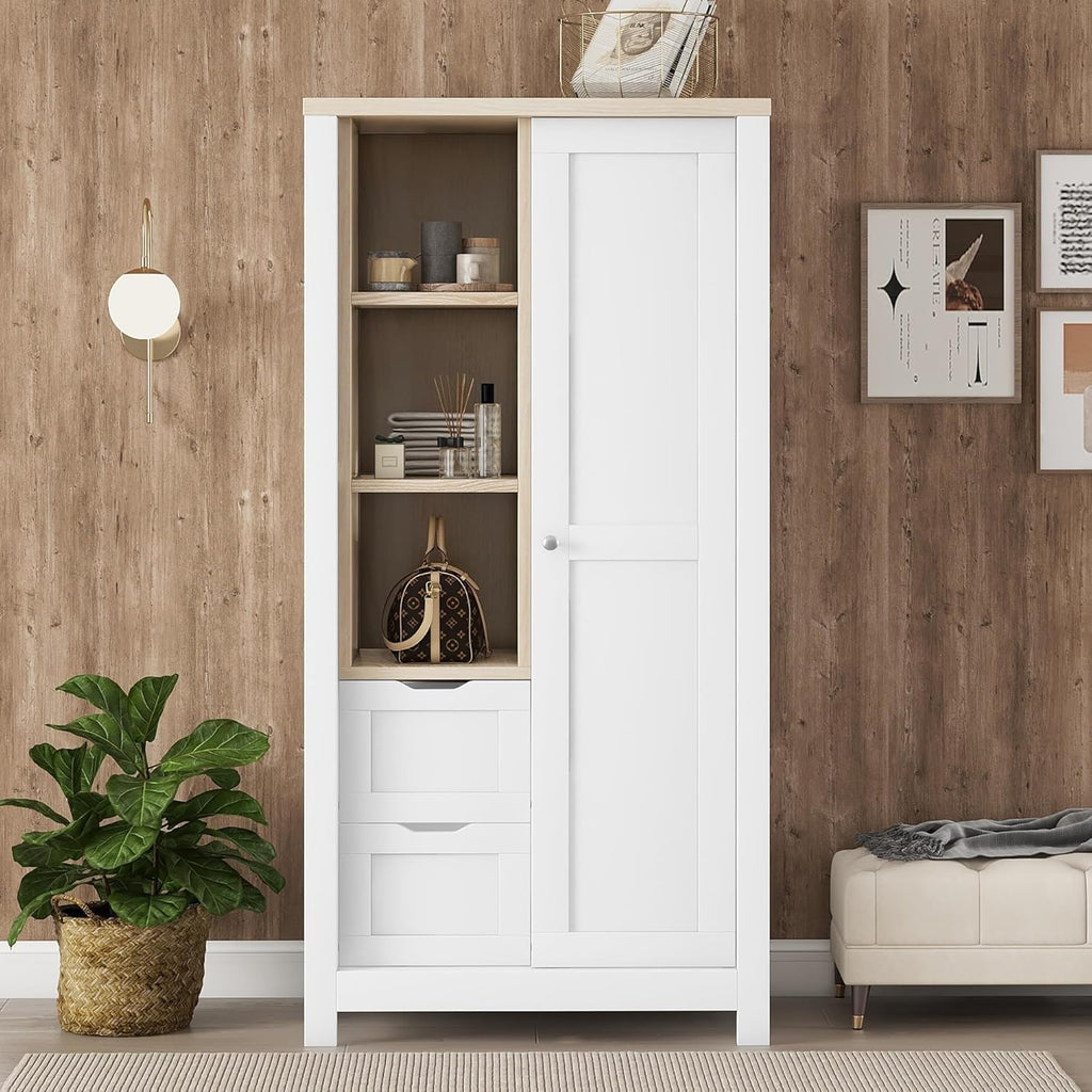 Merax Wardrobe Closet Organizer with 2 Drawers, Open Shelves and Hanging Rods Slim Wooden Armoire Sliding Door Functional Clothes Storage Cabinet for Bedroom, White